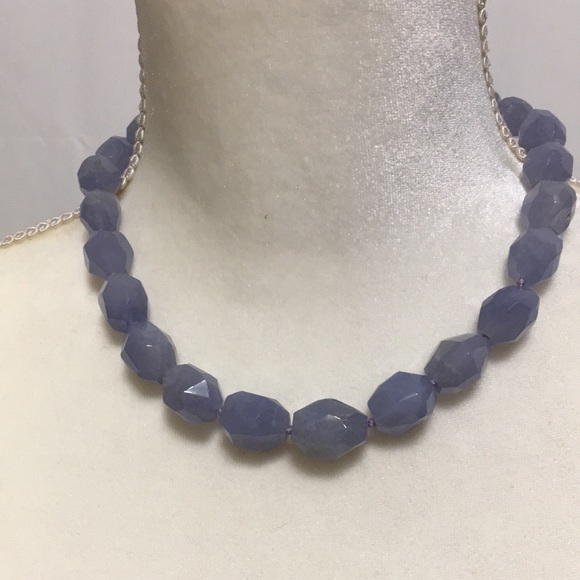 GEM TREASURES BLUE CHALCEDONY BEAUTIFUL 14K WHITE GOLD CLOSURE STONES NECKLACE - Picture 1 of 11